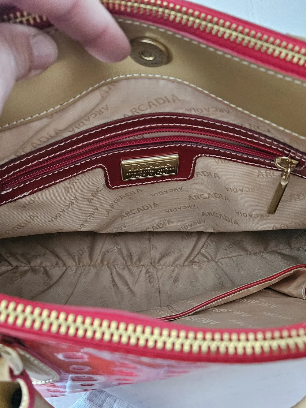 Arcadia Red Patent Tote Bag with Tan Handles